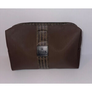 Authentic FENDI Vintage Brown Nylon Cosmetic Pouch Clutch Logo Zip Italy